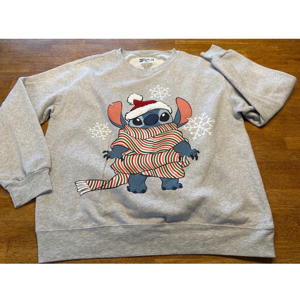 Disney Stitch Christmas Sweatshirt Heather Gray Holiday Scarf Santa Hat XL